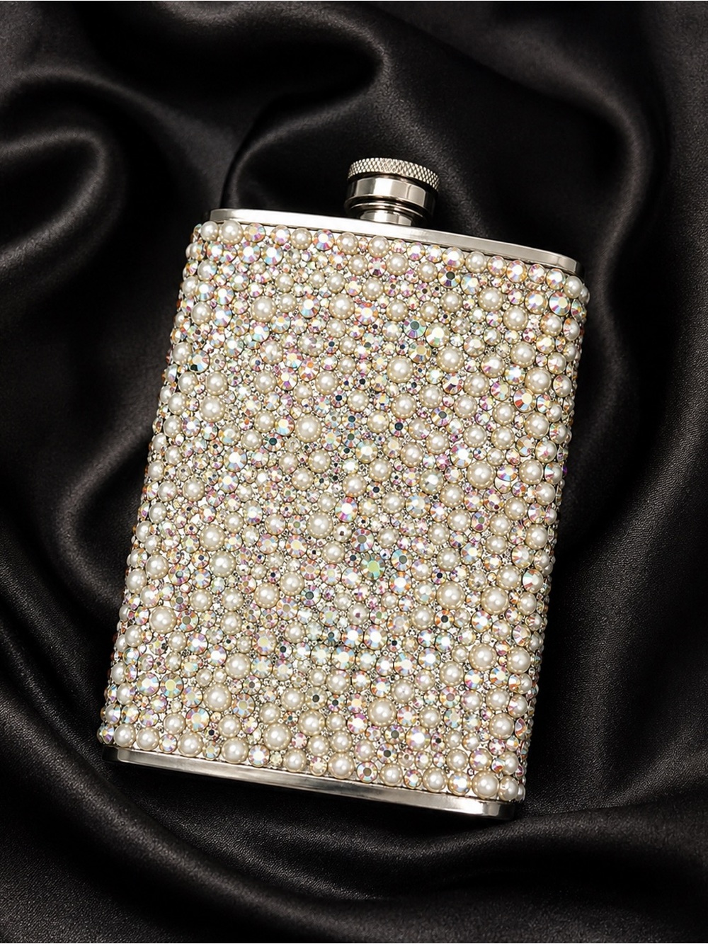 Vintage Rhinestone Pearl Flask 5oz Sparkly Bling Party Bar Gift Accessory